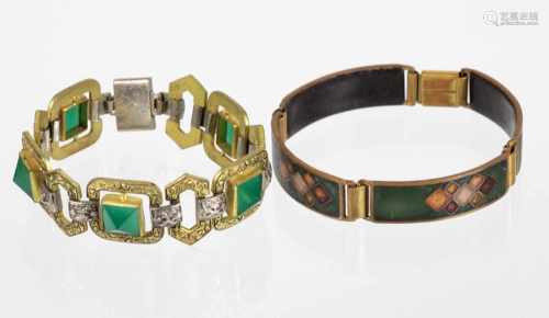 2 Art Deko Armbändersilber- u. goldfarbene reich verzierte quadratischen u. Hexagonal Gliedern,