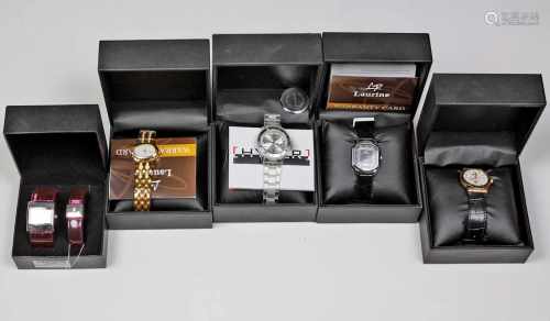 6 Armbanduhrenmoderne, ungetragene Herren- und Damen- Armbanduhren teisl als Spangenuhr mit
