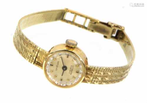 Damen Armbanduhr - GG 585fein mit brillantierter Oberfläche verziertes Armband sowie rundes