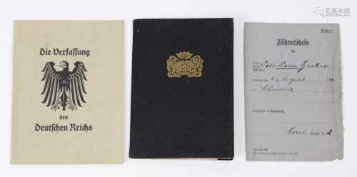 Lehrbrief, Führerschein 1937/42 u.a.farbig lithographierter sowie von Hand beschriebener