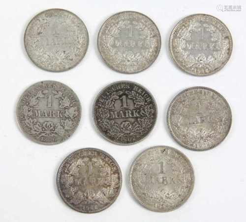 8 x 1 Mark Dt. Reich 1876-1915Silber 1 Mark Deutsches Reich aus den Jahren 1876, 1902, 1914 u. 1915,