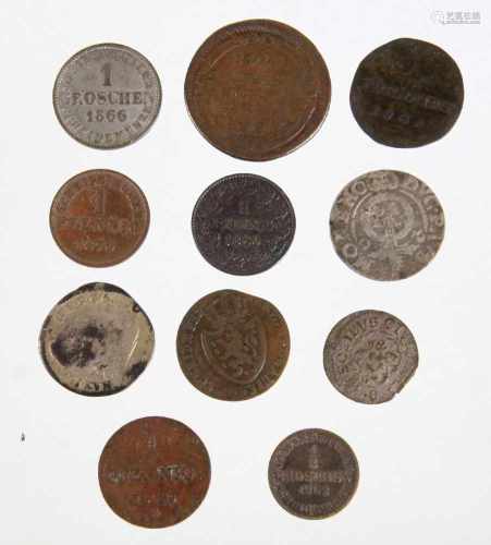 11 Kursmünzen Altdeutsch 1748/1870Kupfer u. Silber, dabei Hessen, Wied, Nassau, Münster, Hannover