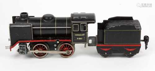 Märklin DampflockBlech gemarkt Märklin, zweiachsige schwarze Dampflokomotive Nr. 880 mit Tender