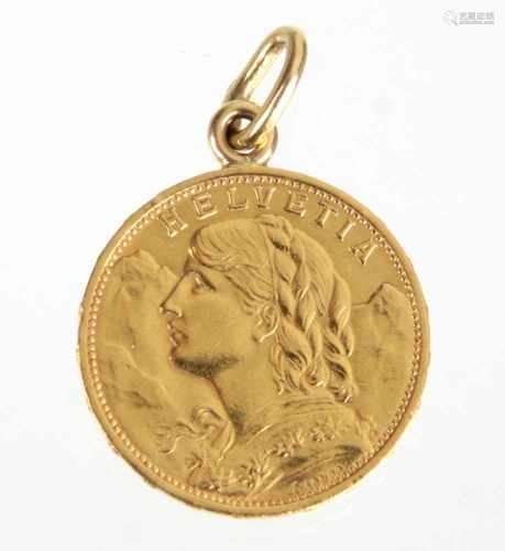 20 Franken Goldmünze 1930Helvetiakopf Vreneli mit Umschrift *HELVETIA*, verso Schweizer Schild in