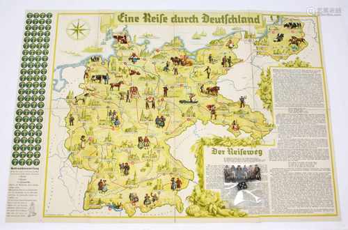 Eine Reise durch Deutschlandfarbig lithographierter u. faltbarer Spielplan (umseitig sorgfältig