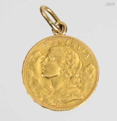 20 Franken Goldmünze 1930Helvetiakopf Vreneli mit Umschrift *HELVETIA*, verso Schweizer Schild in