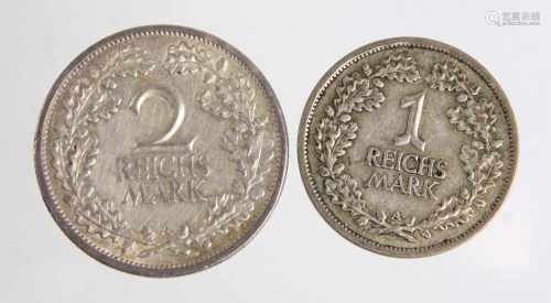 1 u. 2 Reichsmark 1926 ADeutsches Reich, Silber, 1 u. 2 Reichsmark je 1926 A, Ø ca. 22,7 u. 25,