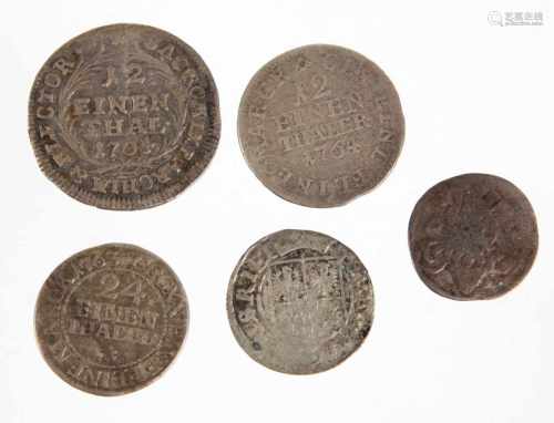 5 Silbermünzen Sachsen u.a.vor 1800, dabei 3 Pfennige 1551 Freiberg, 3 Sachsengroschen 1704 bis 1764