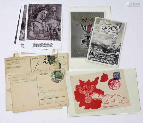 Karten III. Reich18 Belege teils patriotische Karte, teils Repro sowie beschrieben u. postalisch von