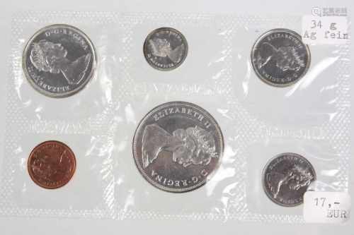 Münzsatz Canada 1965in Silber 1 Dollar, 50, 25, 10 u. 5 Cent, 34 Gramm fein dazu 1 Cent, ges. 6
