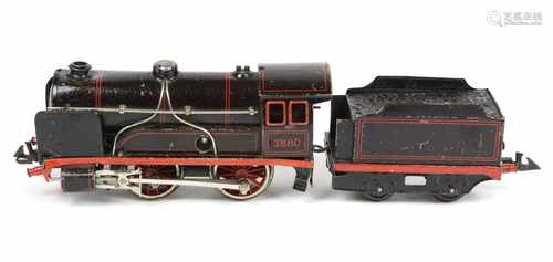 Bing Schlepptender DampflokomotiveBlech ungemarkt, zweiachsige schwarze Dampflokomotive Nr. 3880 mit