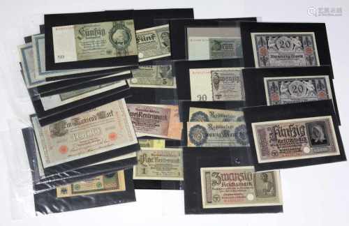 24 Banknoten 1910/39Reichsbanknoten u. Rentenbankscheine von Einer bis 5000 Mark aus den Jahren 1910