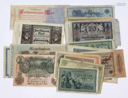 42 Geldscheine 1904/23versch. Wertstellungen u. Erhaltung, dabei 3 Reichskassenschein 1904/06, 12