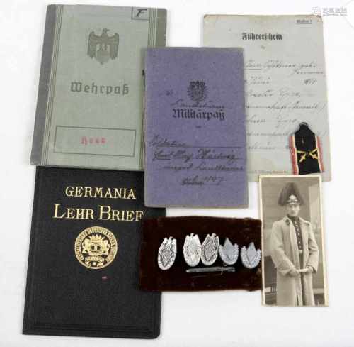Militärdokumente I. und II. WK u.a.dabei Landsturm Militärpaß Sachsen 1916, 1. Rekr.-Depot 14.