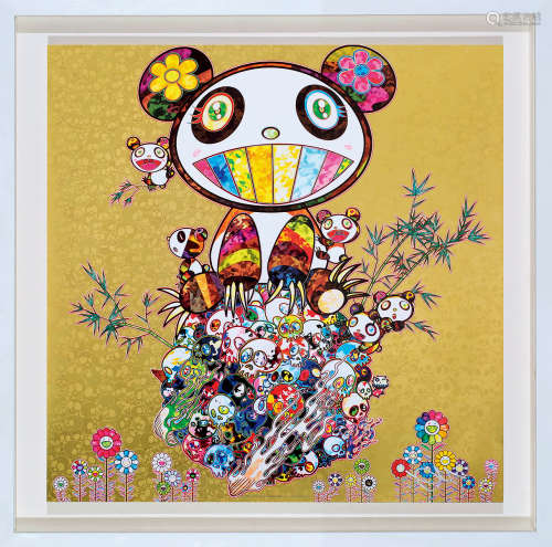 村上隆 2013年作 我与熊猫家族（金色） 彩色平版印刷版画