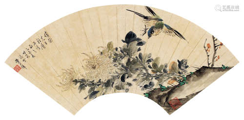 黄君璧（1898～1991） 花鸟扇面 镜片 设色纸本