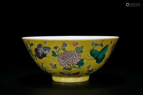 A Famille Rose Yellow-Ground 'Butterfly' Bowl