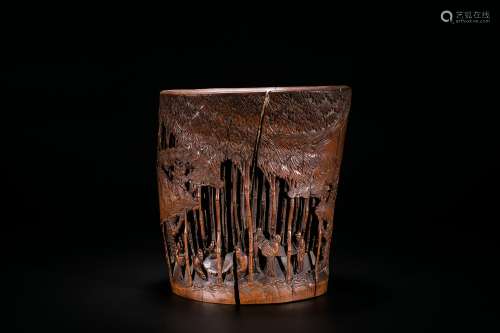A Bamboo Carved 'Seven Scholars' Brush Pot