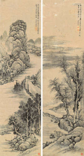 戴熙（1801～1860） 山水 （双幅） 立轴 水墨纸本