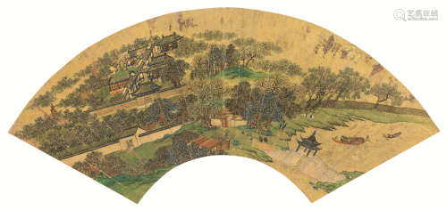 李庆（?～1853） 山水 扇面 镜心 设色金笺