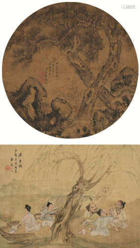 王翚 华嵒（1632～1717） 松石 人物 双挖 立轴 水墨/设色纸本/绢本