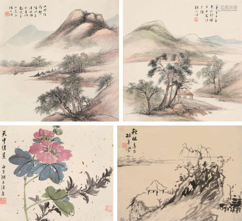 杨伯润 翁同龢 陈鸿寿（1837～1911） 山水 秋林亭子 天中佳景 （共四幅） 镜心 水墨/设色纸本