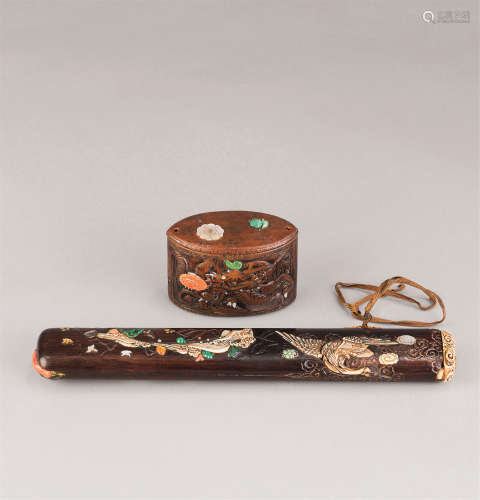 清代（1644-1911） 紫檀嵌百宝僊鹤纹文具盒 木嵌百宝龙纹盖盒 （二件一组）