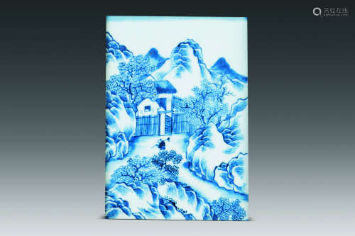 清代（1644-1911） 嵌青花山水人物纹瓷板砚屏
