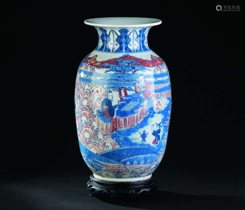 清代（1644-1911） 青花釉里红对弈图纹瓶