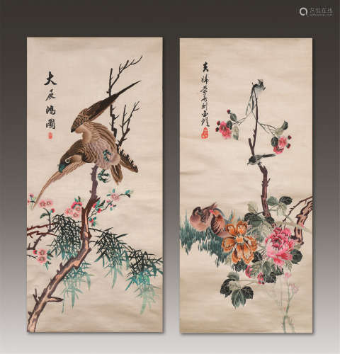 清代-民国（1644-1949） 刺绣 大展宏图 花鸟 （二件一组）