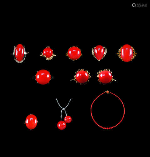 18K金珊瑚戒指耳夹项链 铂金珊瑚项链 （十件一组）
