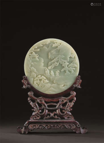 清代（1644-1911） 玉雕仙山楼阁人物纹插屏