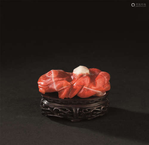 清代（1644-1911） 南红玛瑙雕龟鹤同寿纹摆件