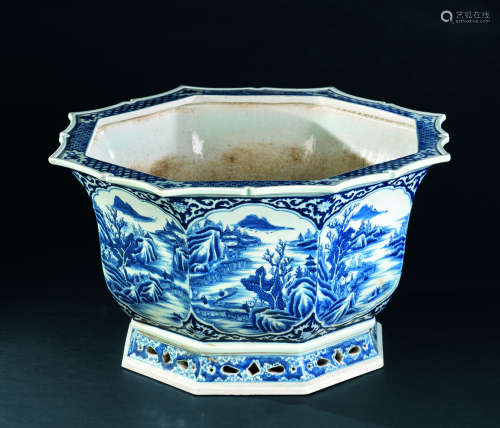 清代（1644-1911） 青花山水纹八角大花盆