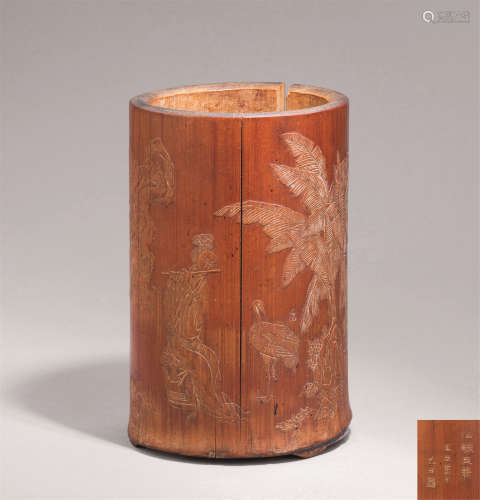 清代（1644-1911） 玉田款 竹刻留靑仕女僊鹤纹笔筒