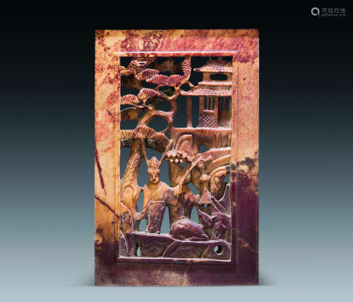 清代（1644-1911） 紫檀嵌寿山石镂雕人物纹砚屏