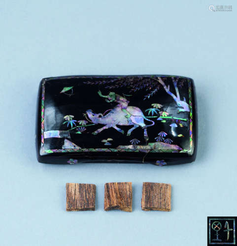 千里（款） 清代（1644-1911） 大漆嵌螺钿牧牛图文香盒
