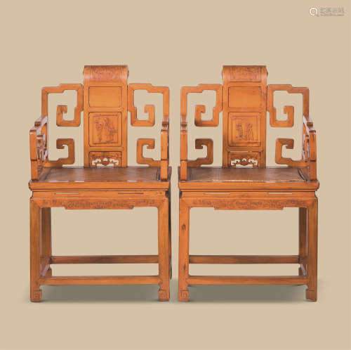 黄杨木人物纹太师椅 （一对）
