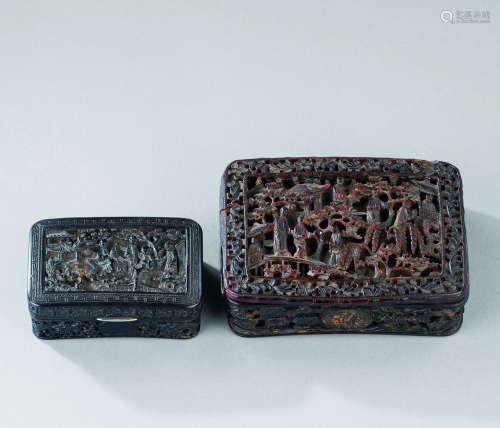 玳瑁雕人物纹盖盒 （二件一组）