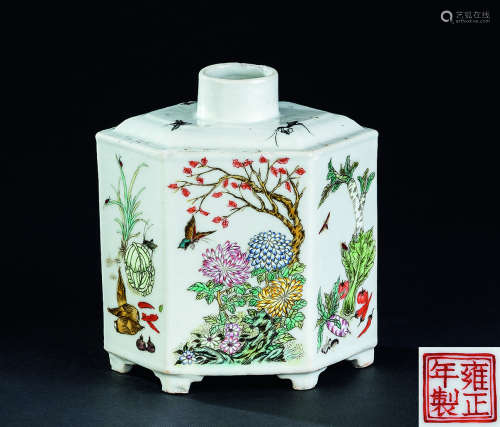 民国（1912-1949） 粉彩花卉蔬果草虫纹六角茶叶罐