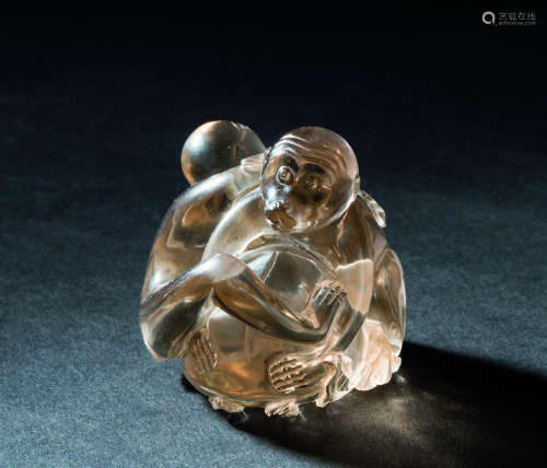 水晶雕双猴献寿纹摆件