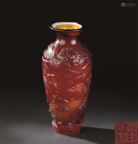 清代（1644-1911） 红料亭台楼阁人物纹瓶