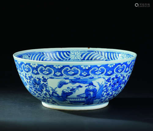 清代（1644-1911） 青花开光花卉人物纹大碗
