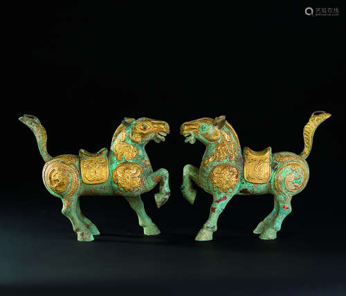 唐代（618-907） 青铜鎏金骏马  （一对）
