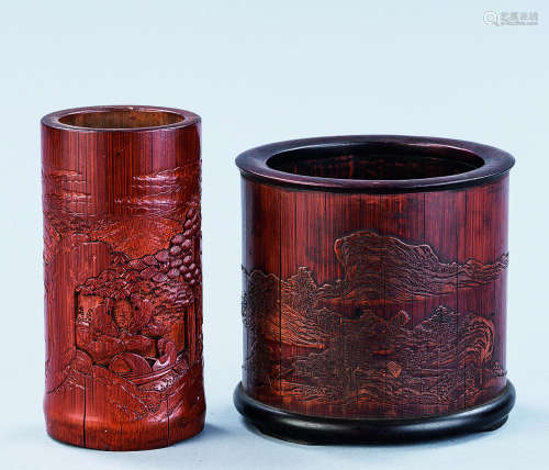 清代（1644-1911） 竹雕人物纹 山水纹笔筒 （二件一组）