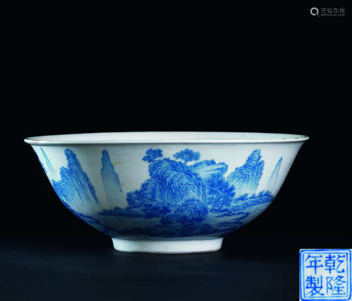 民国（1912-1949） 蓝料彩山水纹碗