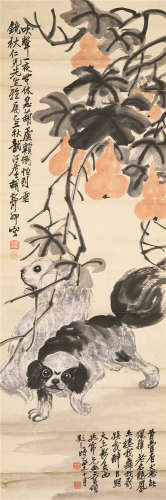 吴昌硕 胡郯卿（1844～1927）(题) 葫芦双犬 立轴 设色纸本