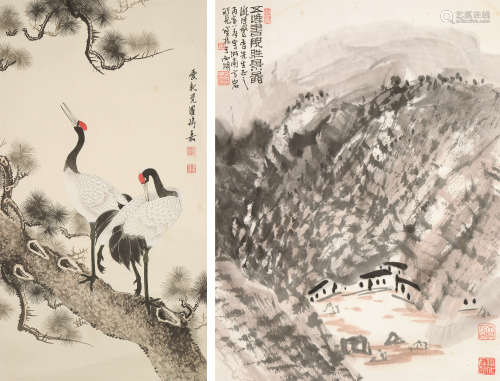 姜宝林 爱新觉罗·瑜嘉（b.1942） 五峰书院胜景图 松鹤延年 （二幅） 立轴 设色纸本