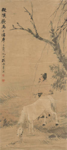倪田（1855～1919） 秋溪饮马 立轴 设色纸本