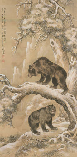 熊庚昌（1884～1961） 雪松双熊 立轴 设色纸本